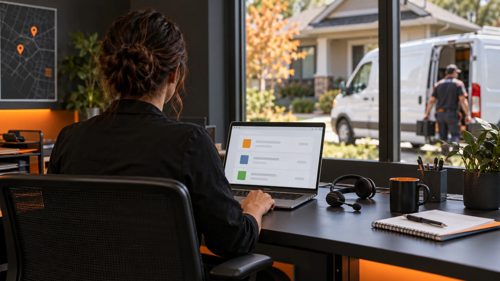 Home-service dispatcher reviewing incoming requests with a headset and service van nearby